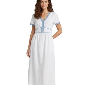 J.Crew White 100% Linen Embroidered Midi Dress Blue Ric Rac Button Front Size 12